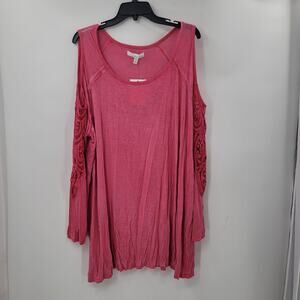 Fourteenth Place Cold Shoulder Lace Long Sleeve Blouse Top Shirt Pink 3X/3T